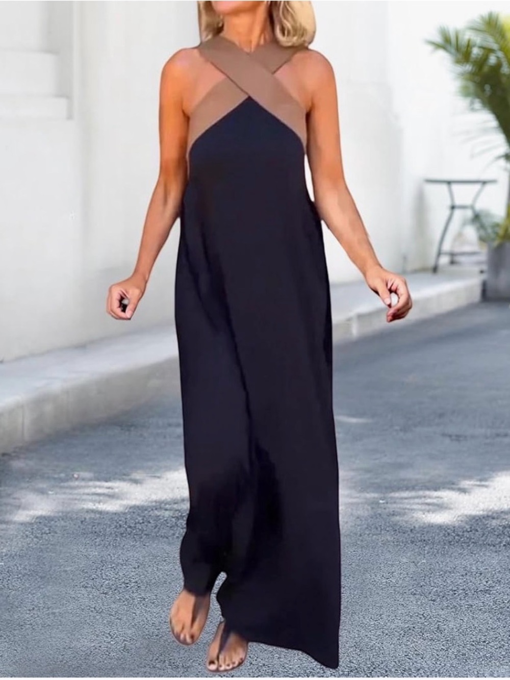 Sleeveless Black Maxi Dress with Tan Cross-Neck Detail